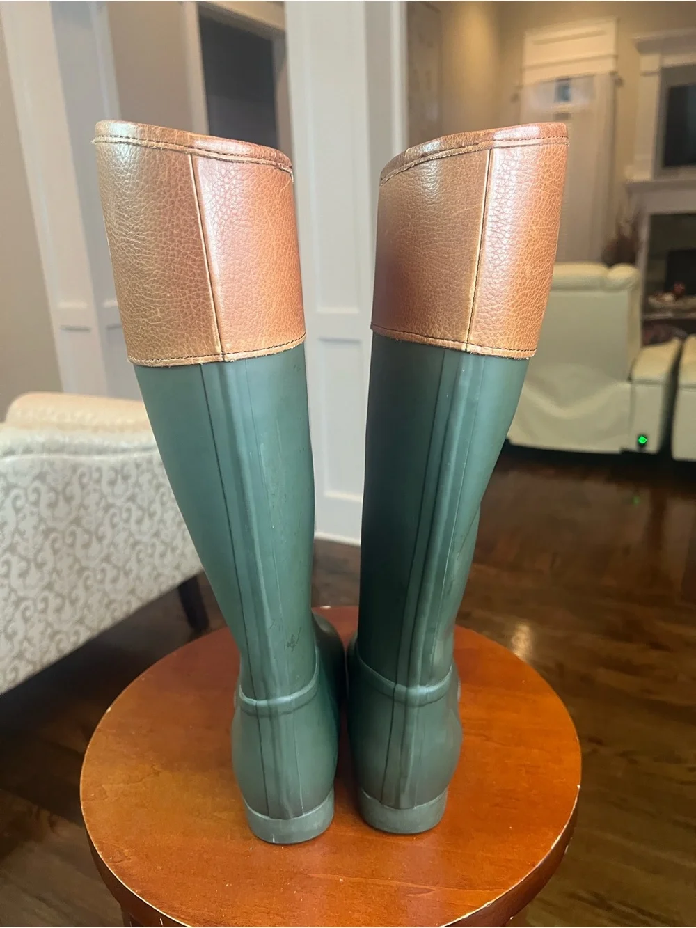 Tory Burch Green and Tan Tall Rain Boots